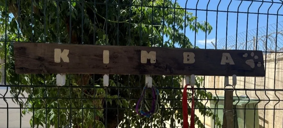 Handgemachtes Namensschild „Kimba“ am Zwingerzaun